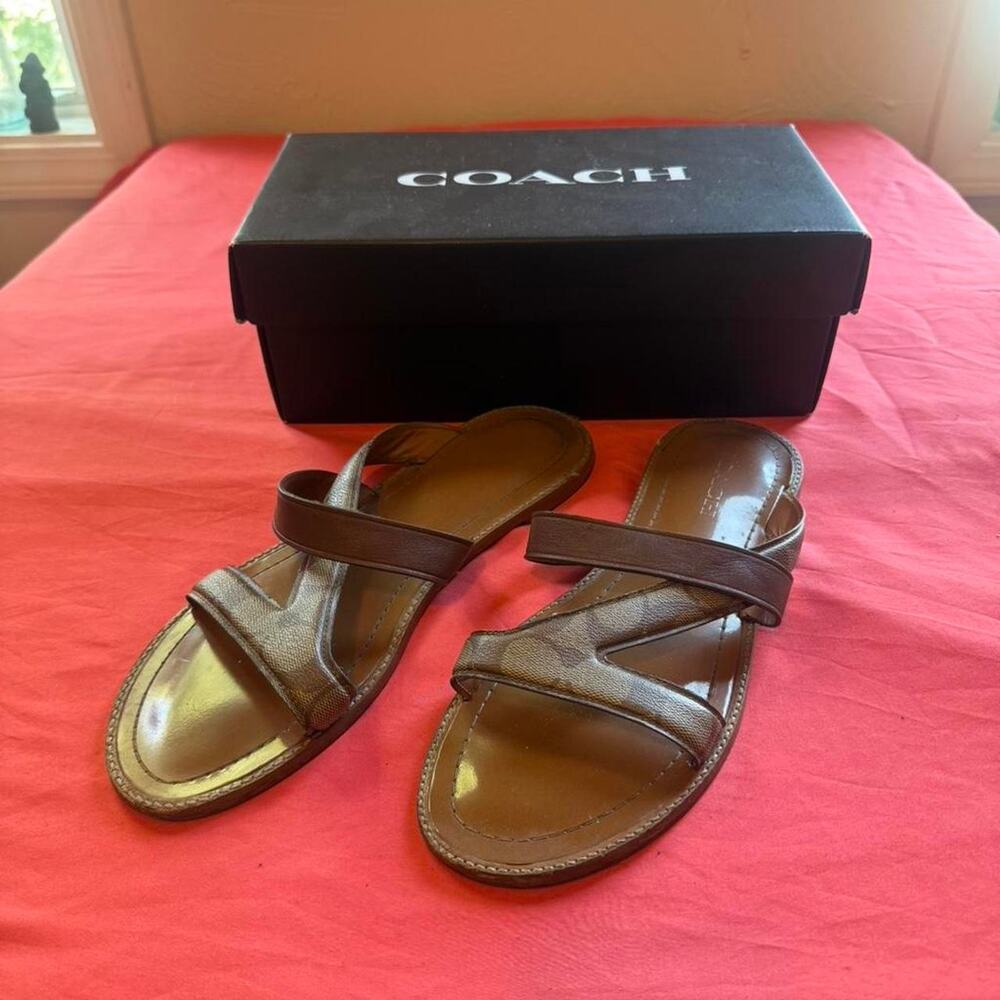 Coach brown/khaki leather sandals with repeating C logo pattern- Size Womens 11B